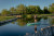 a young woman is standing on a teal paddle board at sunset at Nicholas sheran park in Lethbridge Alberta. the woman is wearing black swimming shorts and a grey and neon green life jacket.